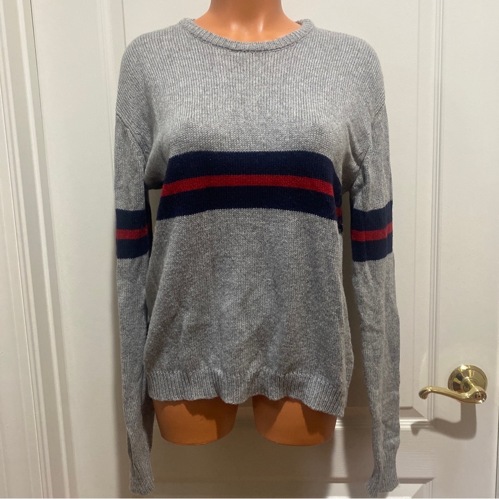 BRANDY MELVILLE Crew Neck Sweater Gray Blue Red Stripe Size OSFA S Small - Picture 4 of 12